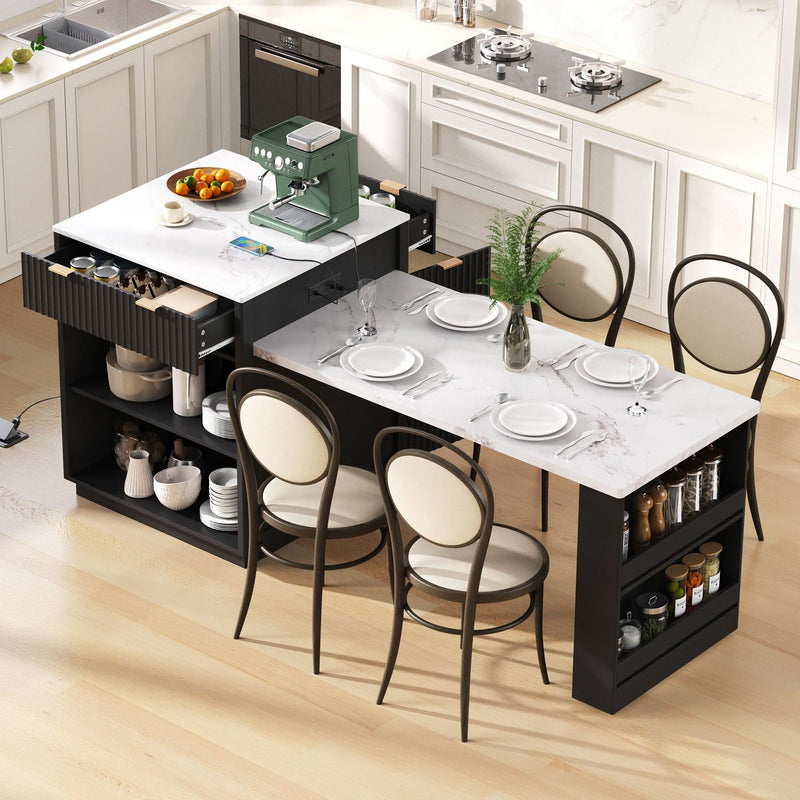 Kitchen Island Modern With Extendable Dining Table & Power Outlet For 4-6 People Black