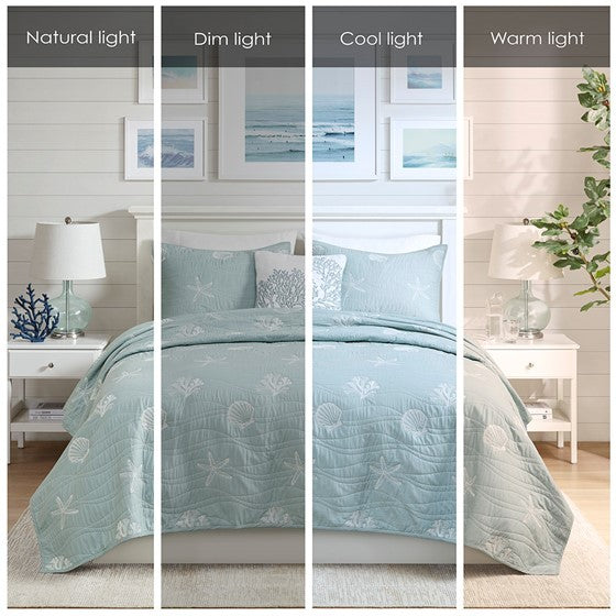 4 Piece Cotton Reversible Embroidered Quilt Set with Throw Pillow Aqua Full/Queen Media 16