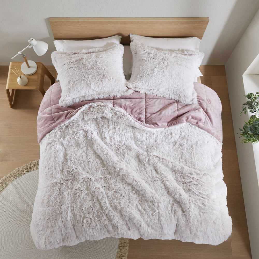Faux Fur Comforter Shaggy Pink & White King & Cal King 3 Piece Set For Bedroom Decor Soft Media 6