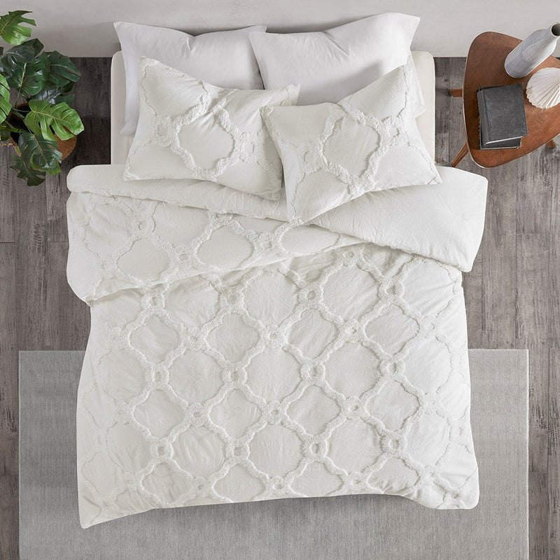 3 Piece Tufted Cotton Chenille Geometric Comforter Set Off-White King/Cal King