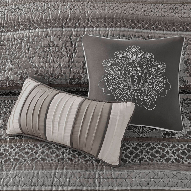 6-Piece King/Cal King 6 Piece Jacquard Quilt Set with Throw Pillows,Grey