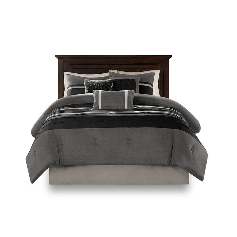 7 PC Pieced Faux Suede Comforter Set Black Queen