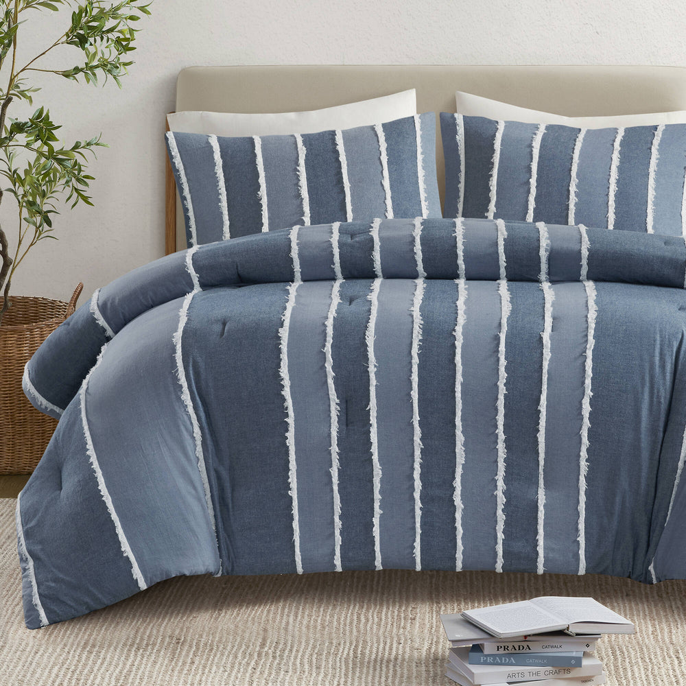 3 Pieces Full/Queen Striped Cotton Comforter Set,Blue Media 6