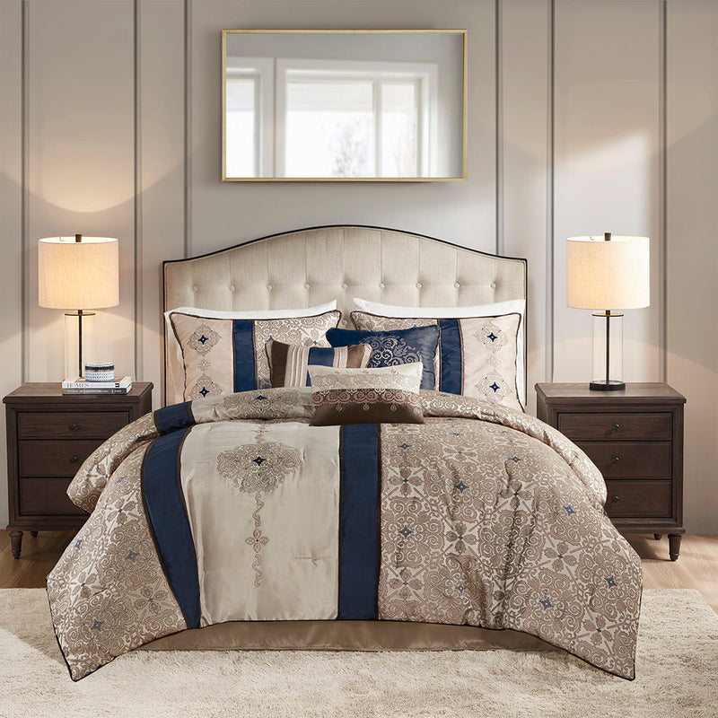 Queen 7 Piece Jacquard Comforter Set with Throw Pillows
