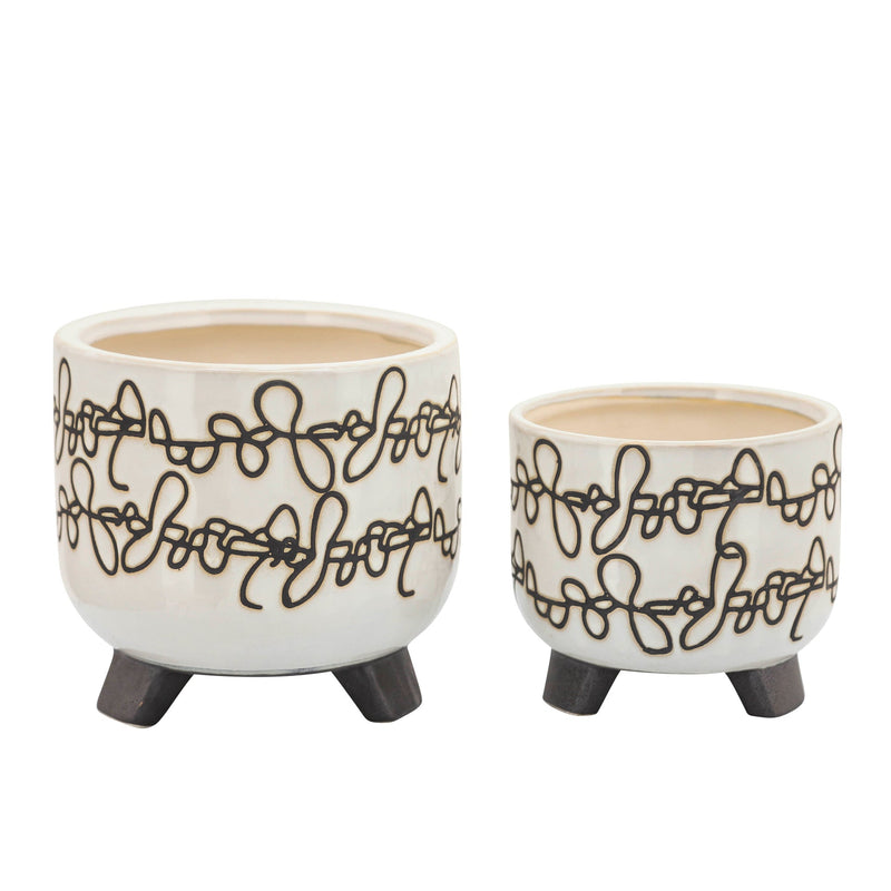 S/2 CERAMIC 6/8' SCRIBBLE FOOTED PLANTER, BEIGE