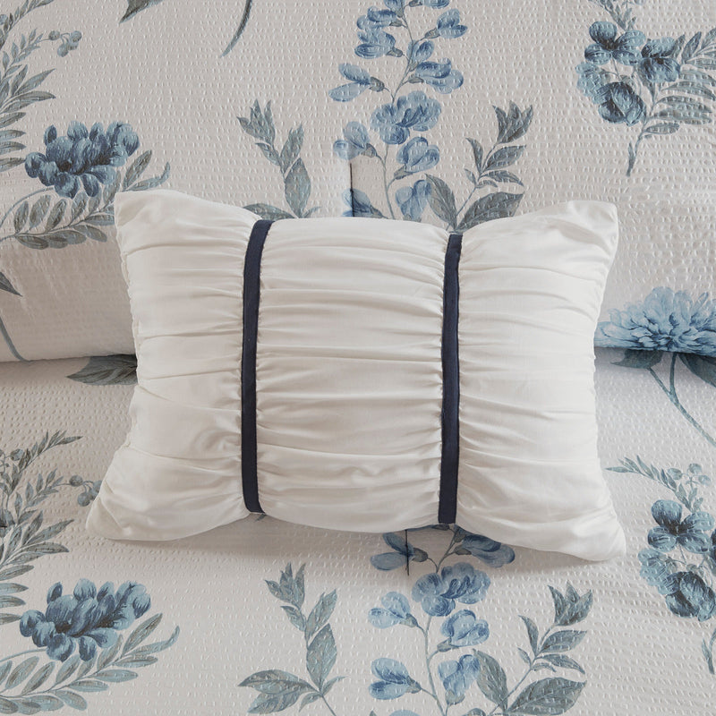 7 Piece Printed Seersucker Comforter Set with Throw Blanket Blue Full/Queen