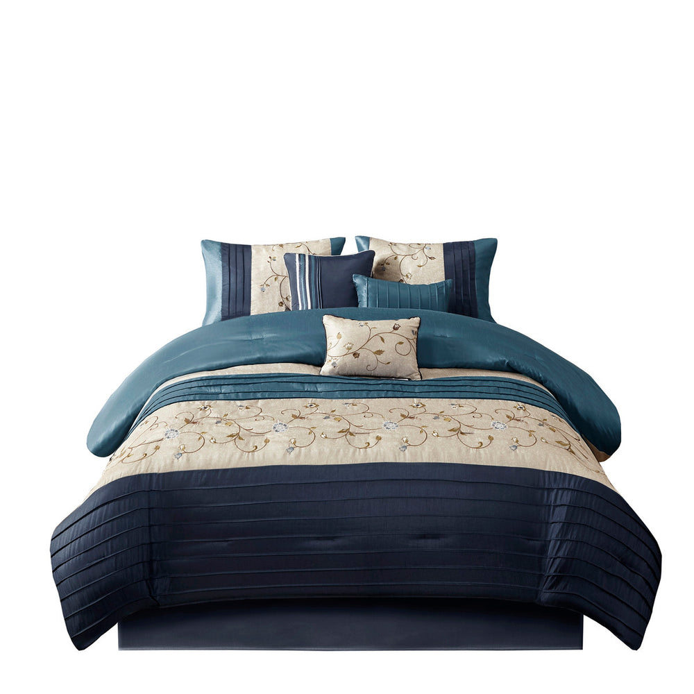 Embroidered 7 Piece Comforter Set Navy Cal King Media 11