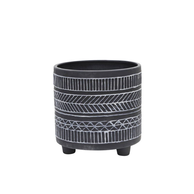 S/2  TRIBAL LOOK FOOTED PLANTER 6/8', BLACK