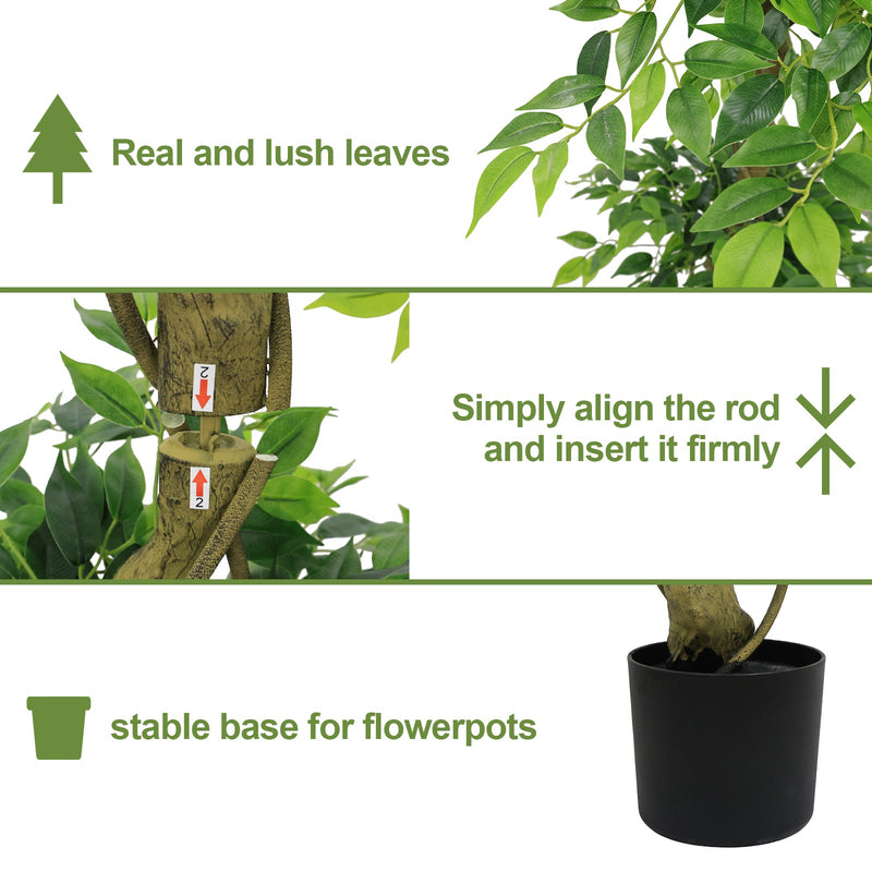 6FT Lifelike Artificial Ficus Tree with Black Pot for Home or Office Decor, Green Plastic Indoor Plant
