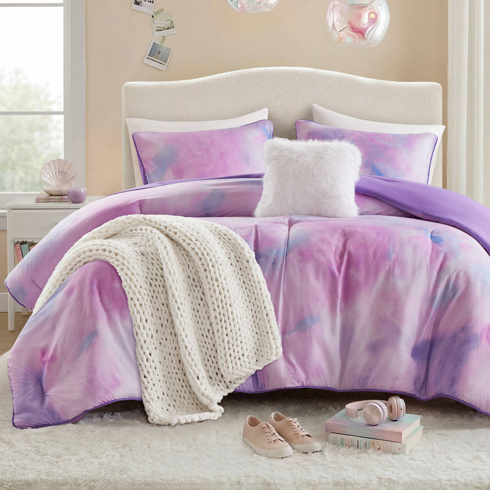 4 Pieces King/Cal King Watercolor Tie Dye Printed Comforter Set with Throw Pillow,Purple Media 6