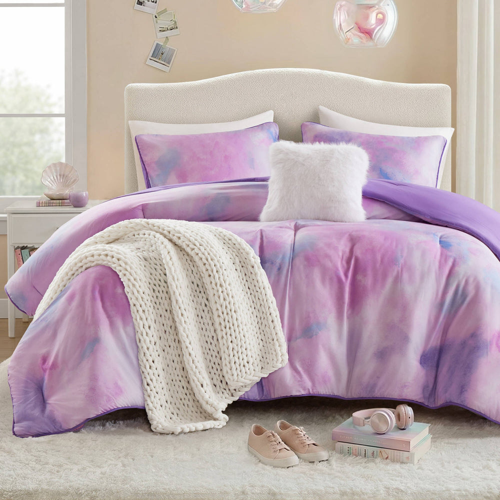4 Pieces King/Cal King Watercolor Tie Dye Printed Comforter Set with Throw Pillow,Purple Media 6