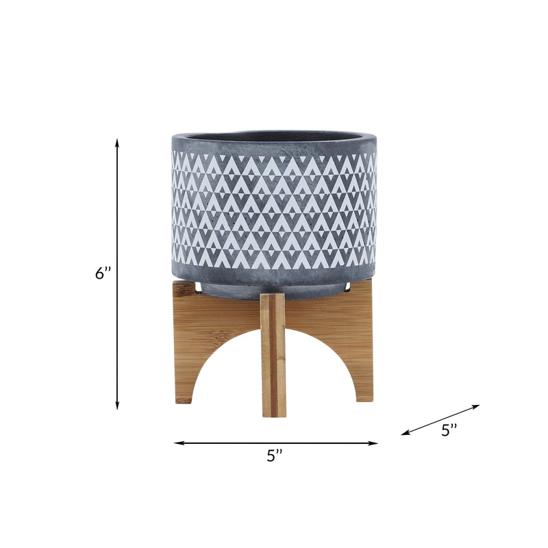 CERAMIC 5' AZTEC PLANTER ON WOODEN STAND, GRAY