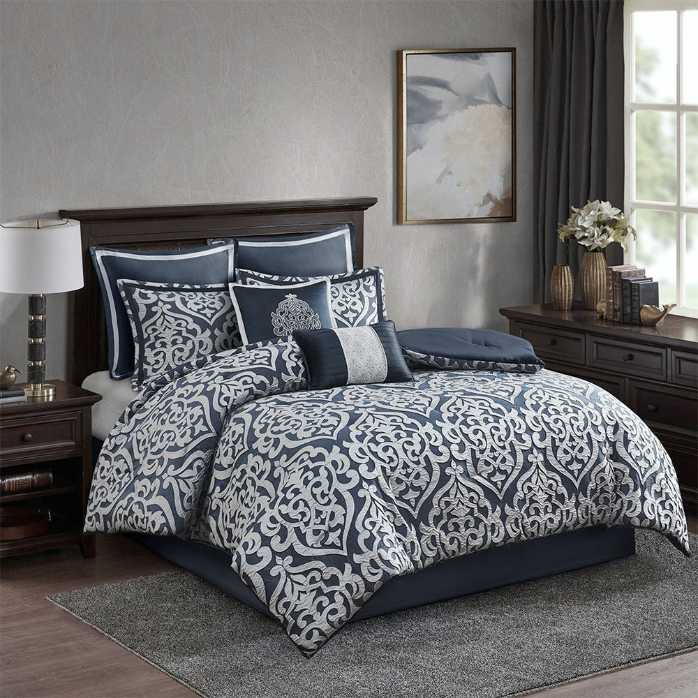 8 Piece Jacquard Comforter Set Navy/Silver King Media 1