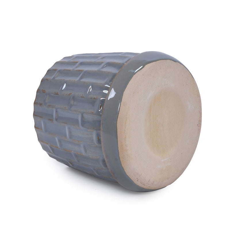 Handmade Gray Glazed Ceramic Planter Set of 2, 6' & 8' Diameter, Vertical Ribbed Pattern, for Succulents & Herbs Indoor/Outdoor Shelf & Table Use, Breathable Clay with Saucers