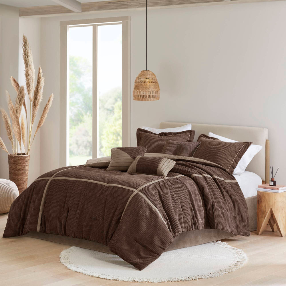 7 Piece Micro Corduroy Comforter Set Brown King Media 1