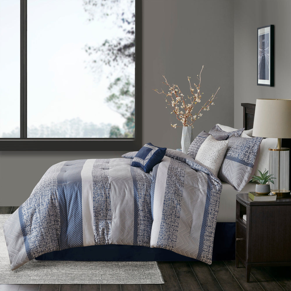 7 Piece Jacquard Comforter Set Navy Queen Media 5