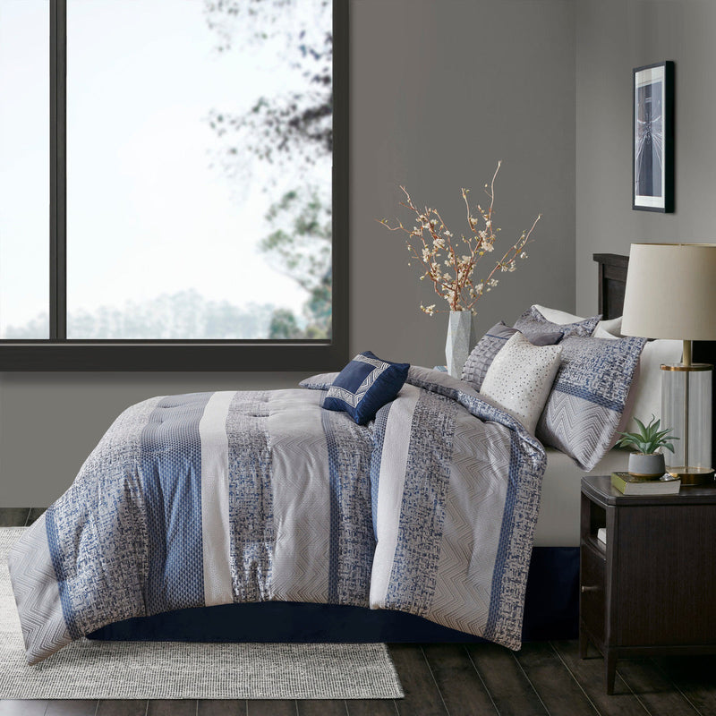 7 Piece Jacquard Comforter Set Navy Queen