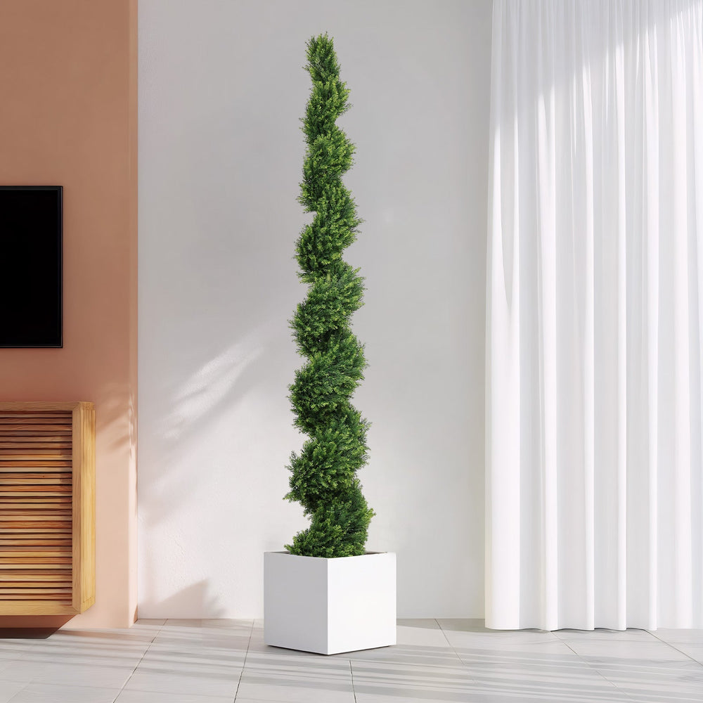 7FT Tall Artificial Two-Tone Cypress Pine Tree – Realistic Lifelike Faux Greenery with Natural Dual Color Leaves for Indoor Outdoor Home Office Decoration, Potted Fake Tree, 1pc/set Media 7