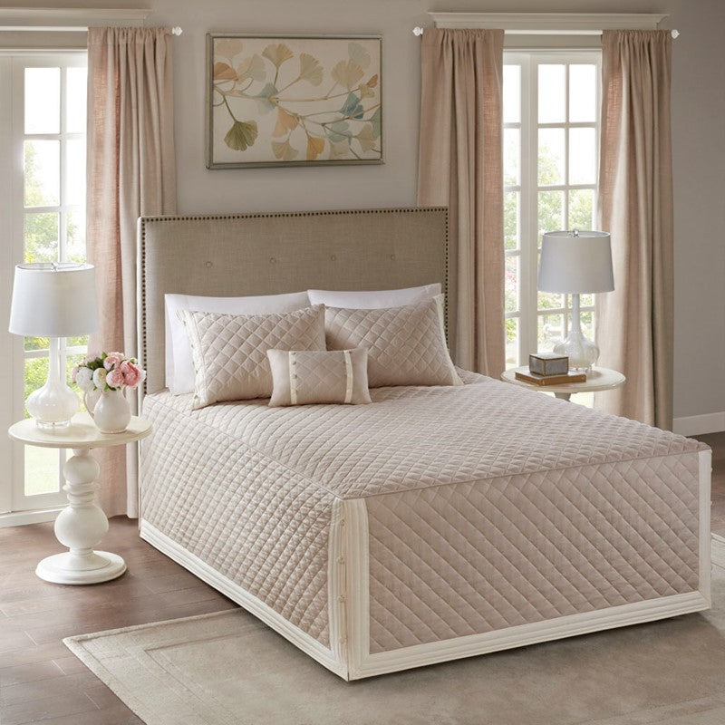 4 Piece Cotton Reversible Tailored Bedspread Set Khaki King Media 1