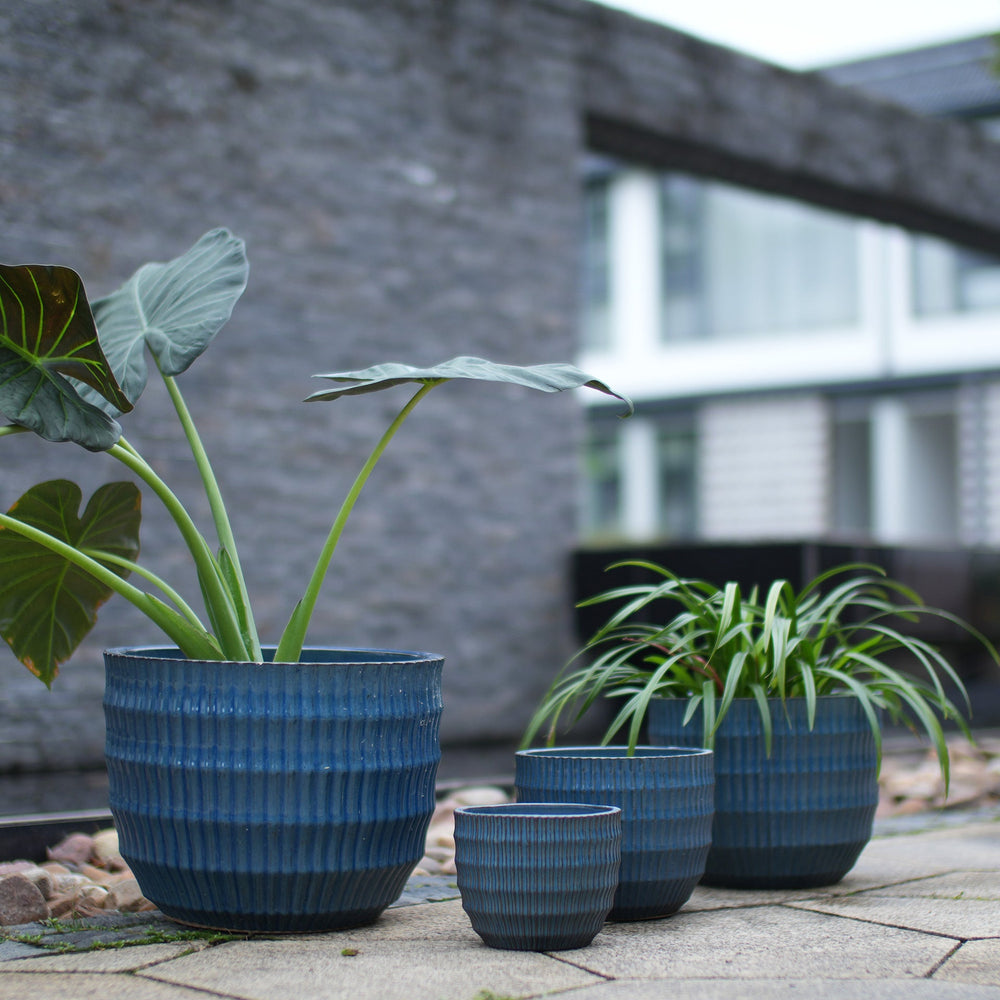 Handmade Denim Blue Glaze Ceramic Planter Set of 4, 7/9/12/14 Inch, Horizontal Grooves, Indoor & Outdoor Herb Succulent Pots, Breathable Clay with Drainage Holes Media 2