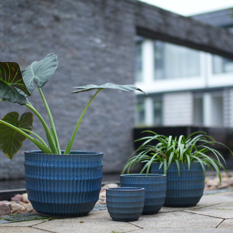 Handmade Denim Blue Glaze Ceramic Planter Set of 4, 7/9/12/14 Inch, Horizontal Grooves, Indoor & Outdoor Herb Succulent Pots, Breathable Clay with Drainage Holes