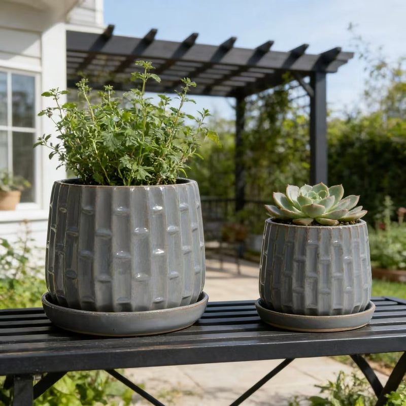 Handmade Gray Glazed Ceramic Planter Set of 2, 6' & 8' Diameter, Vertical Ribbed Pattern, for Succulents & Herbs Indoor/Outdoor Shelf & Table Use, Breathable Clay with Saucers