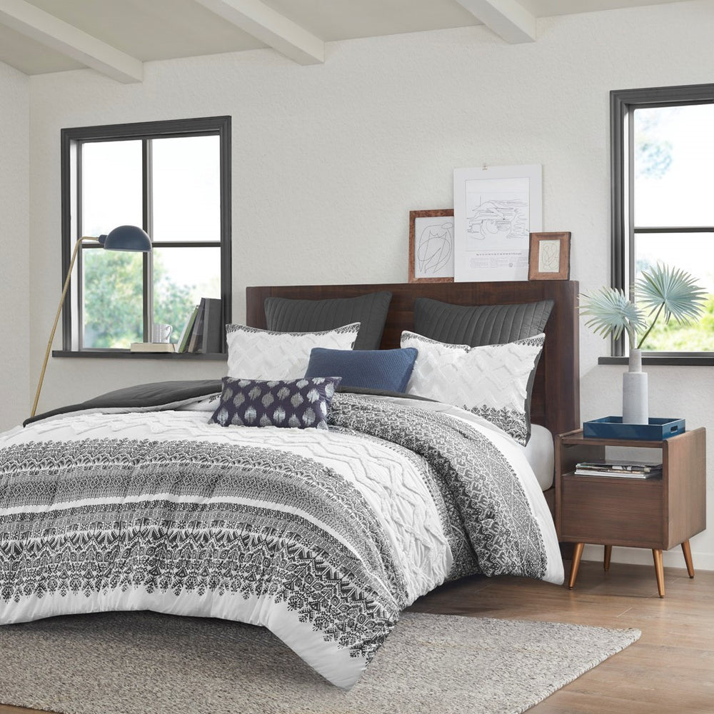 3 Piece Cotton Comforter Set with Chenille Tufting Gray Full/Queen Media 20