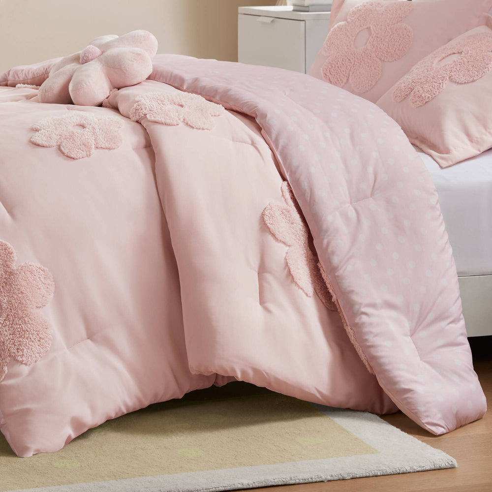 4-Piece Full/Queen Floral Reversible Tufted Chenille Comforter Set with Flower Throw Pillow,Pink Media 19