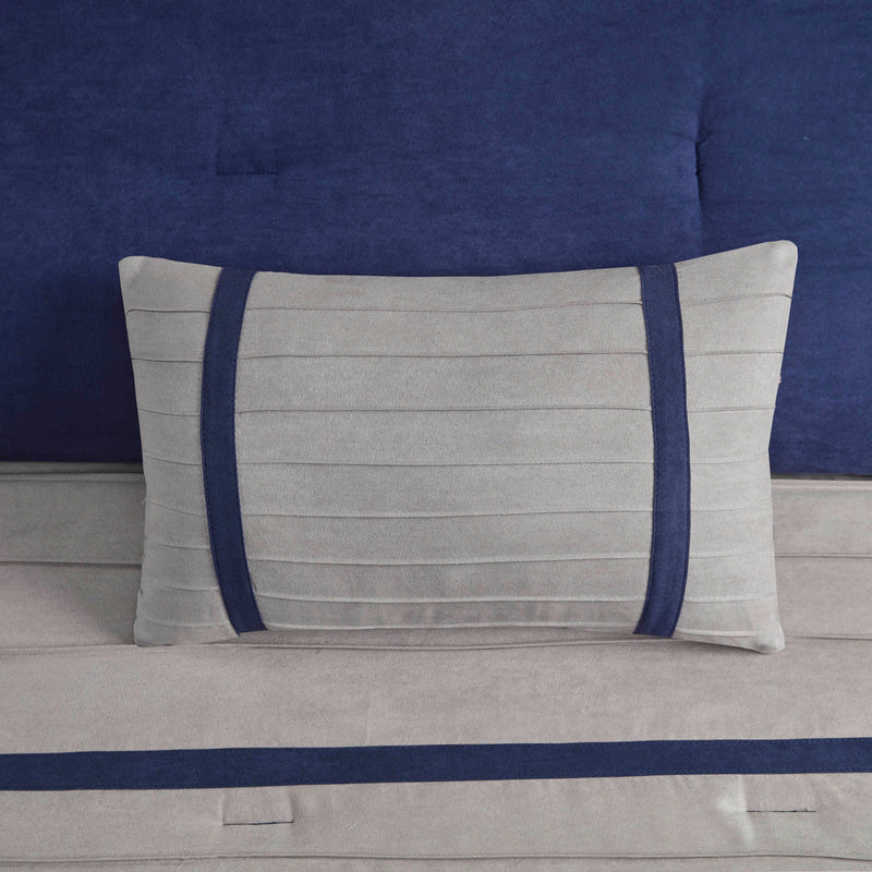 7 PC Pieced Faux Suede Comforter Set Blue Cal King
