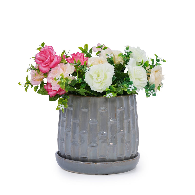Handmade Gray Glazed Ceramic Planter Set of 2, 6' & 8' Diameter, Vertical Ribbed Pattern, for Succulents & Herbs Indoor/Outdoor Shelf & Table Use, Breathable Clay with Saucers