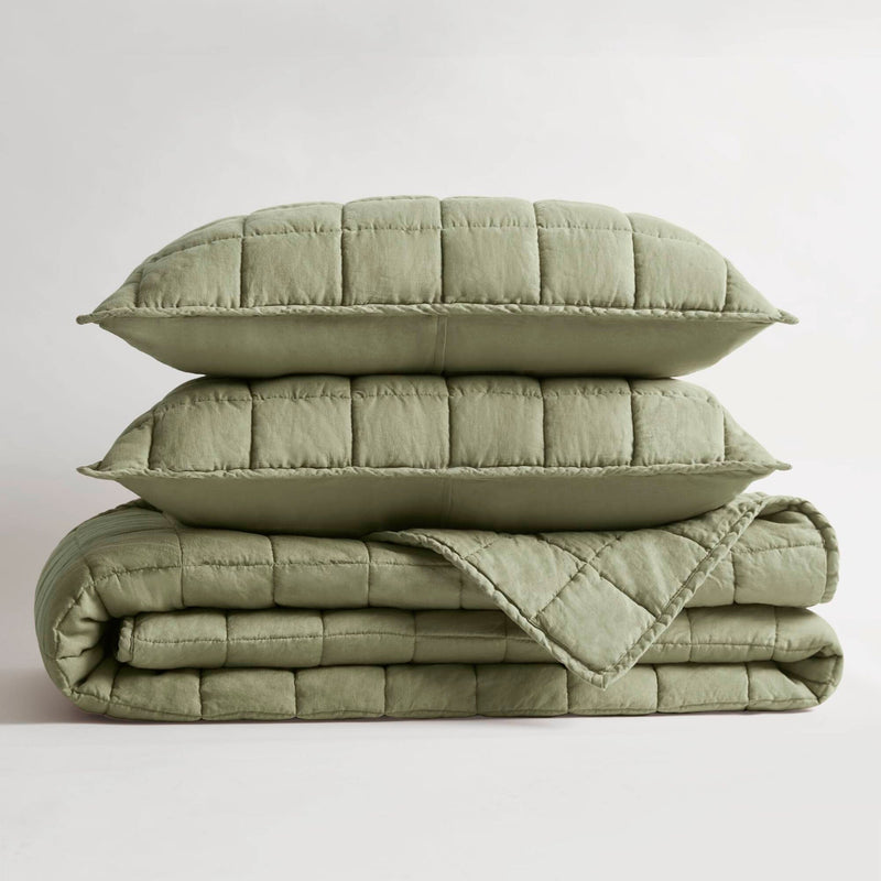 3-Piece Full/Queen Linen Garment Washed Quilt Set,Olive Green