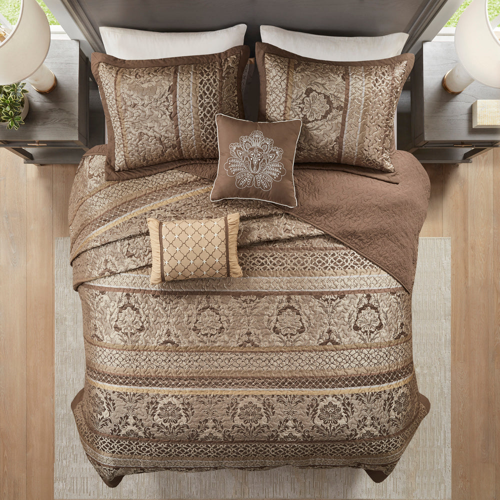 5 Piece Reversible Jacquard Bedspread Set Brown/Gold King Media 7