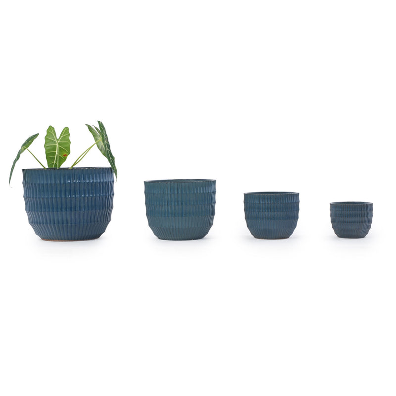 Handmade Denim Blue Glaze Ceramic Planter Set of 4, 7/9/12/14 Inch, Horizontal Grooves, Indoor & Outdoor Herb Succulent Pots, Breathable Clay with Drainage Holes