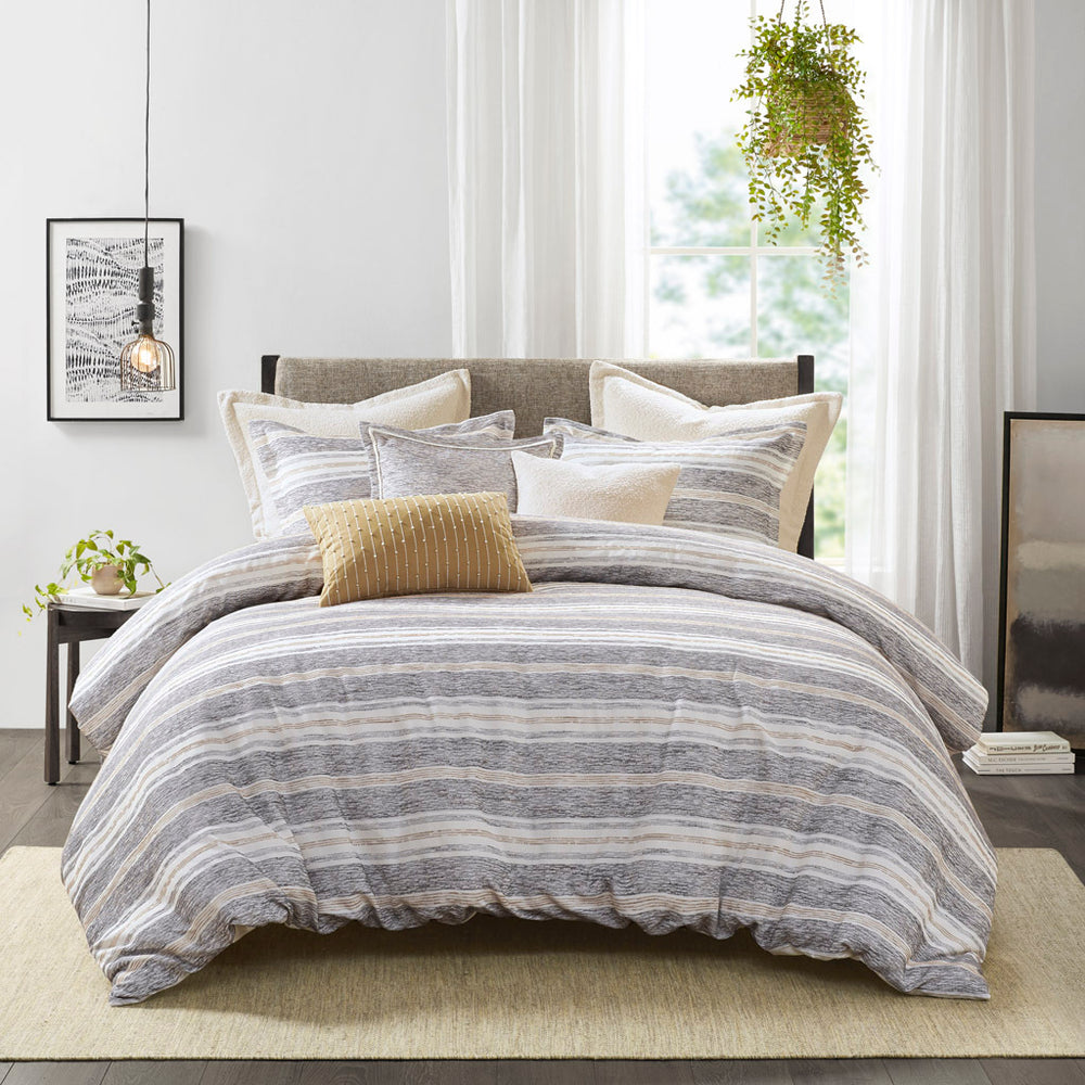Oversized Chenille Jacquard Striped Comforter Set with Euro Shams and Throw Pillows Media 2