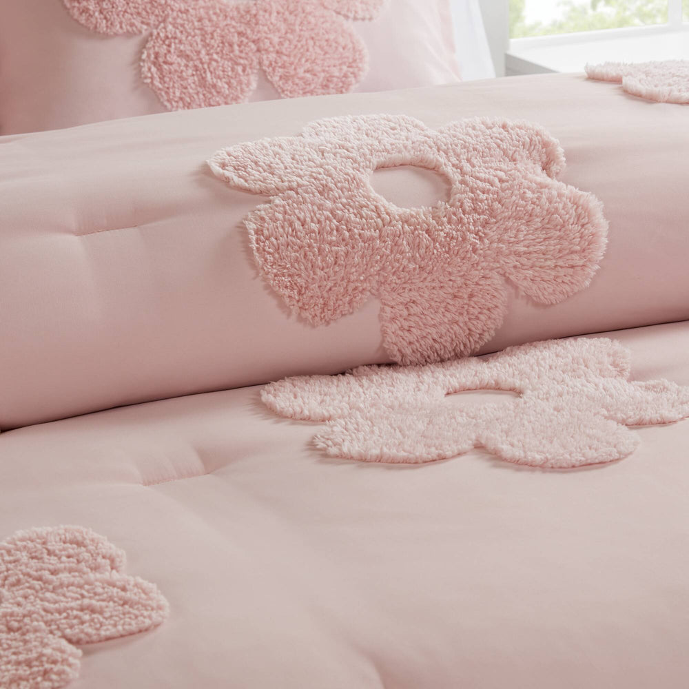 4-Piece Full/Queen Floral Reversible Tufted Chenille Comforter Set with Flower Throw Pillow,Pink Media 8