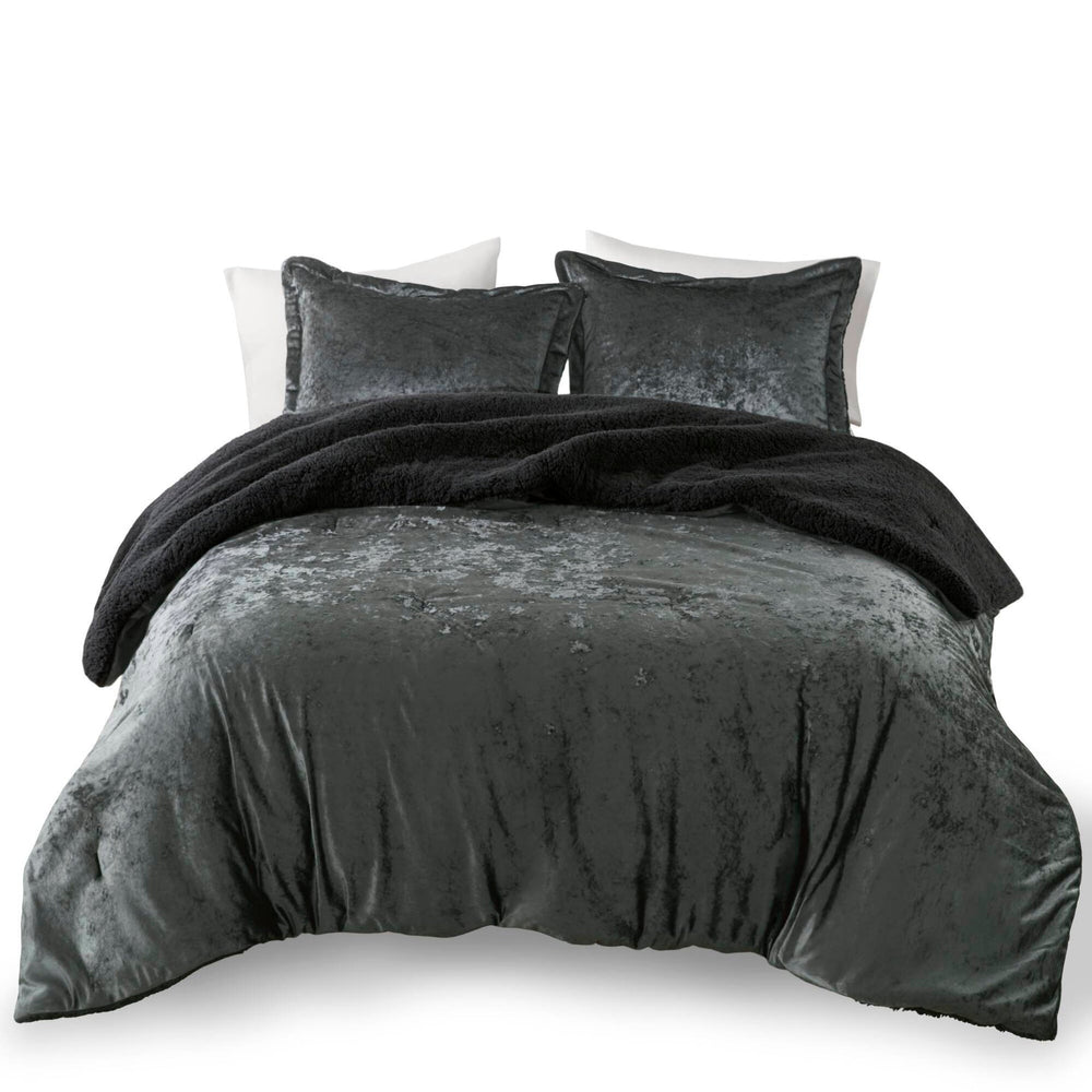 3 PCS Full/Queen Crushed Velvet   Reversible Comforter Set Charcoal Media 12