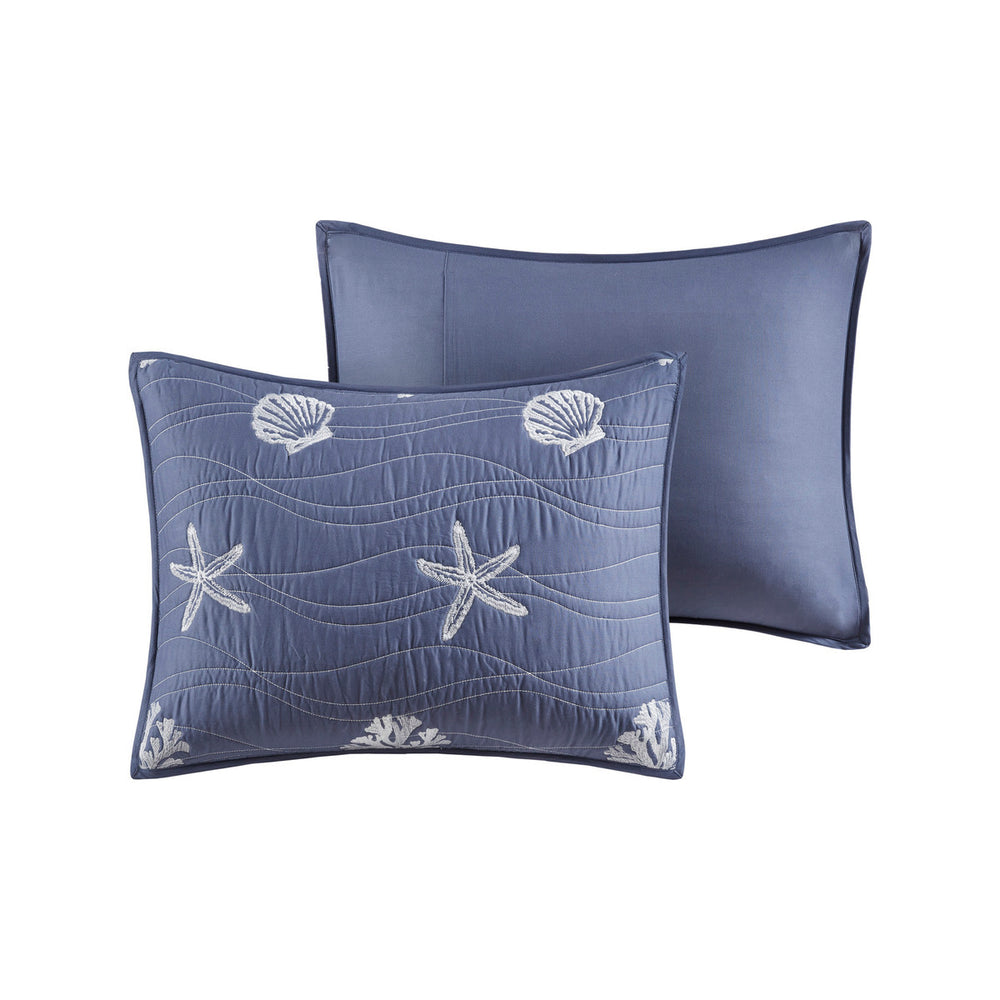 4 Piece Cotton Reversible Embroidered Quilt Set with Throw Pillow Navy Full/Queen Media 8