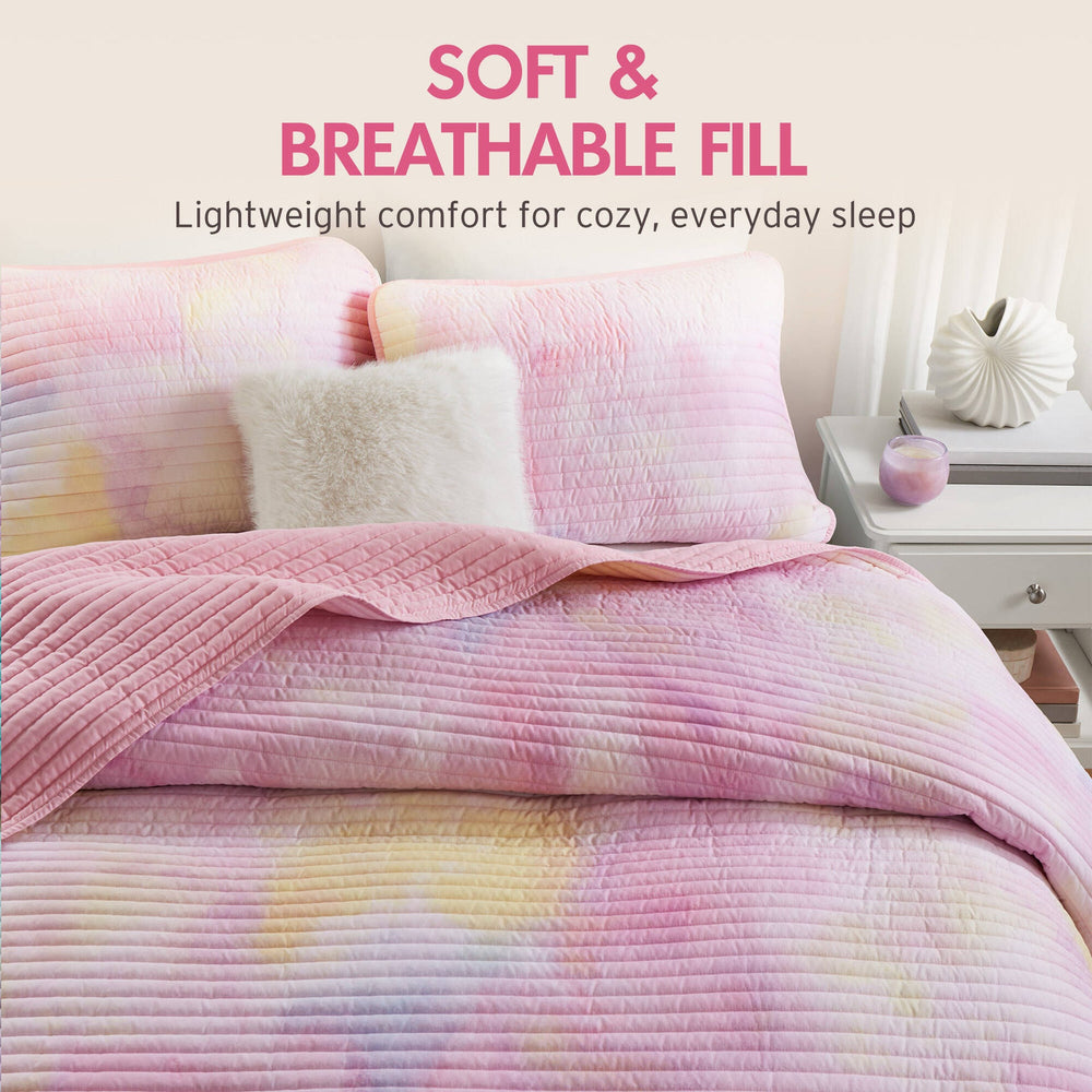4 Pieces Full/Queen Watercolor Tie Dye Printed Quilt Set with Throw Pillow,Pink Media 3