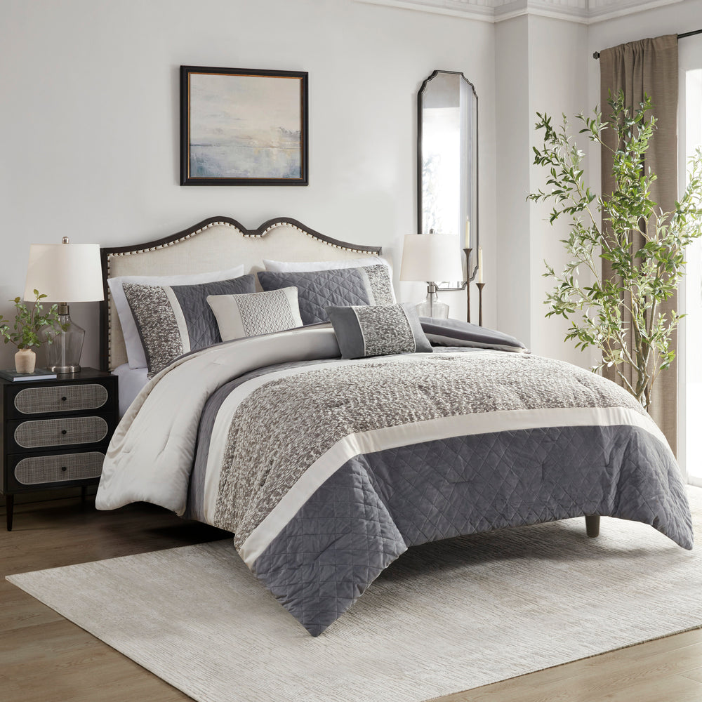5 Piece Textured Jacquard Stripe Comforter Set with Throw Pillows-King/Cal King Media 10