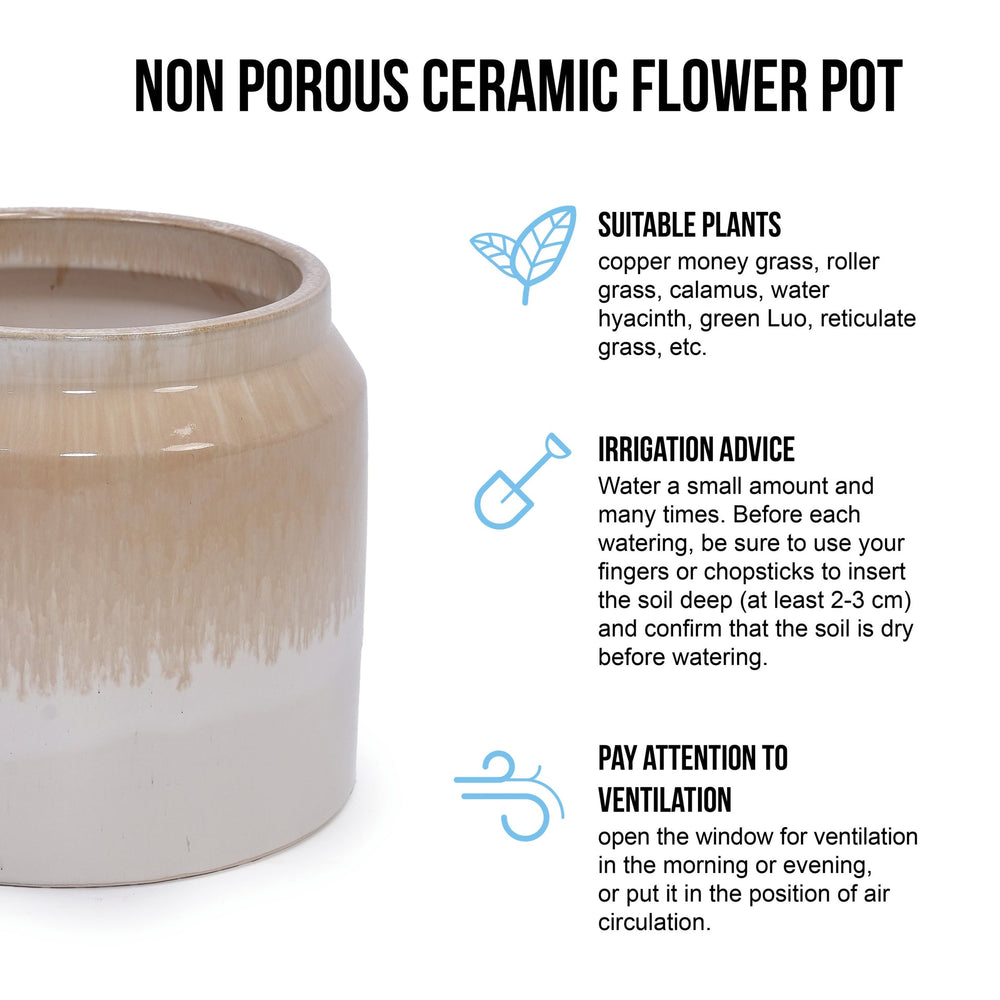 Handmade Non-Porous Ceramic Planter Set of 2, 6' & 8' Diameter, Beige Drip Glaze, for Aquatic Plants Indoor/Outdoor Shelf & Desk Use, Breathable Clay Media 5