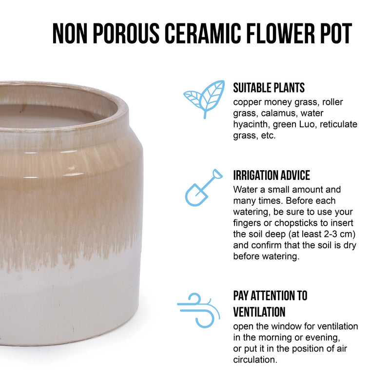 Handmade Non-Porous Ceramic Planter Set of 2, 6' & 8' Diameter, Beige Drip Glaze, for Aquatic Plants Indoor/Outdoor Shelf & Desk Use, Breathable Clay