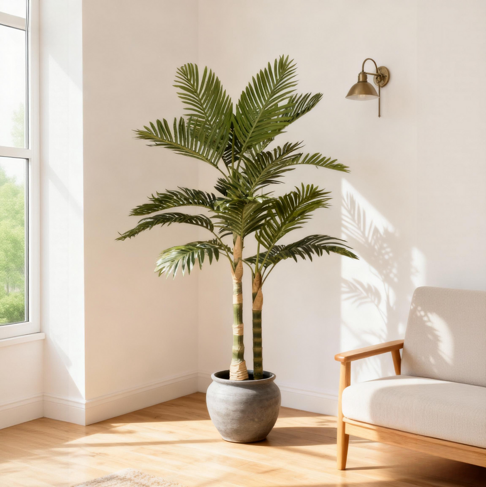 5FT Golden Cane Artificial Palm Tree with Black Plastic Pot, Tropical Fake Plant for Indoor Outdoor Decoration, Faux Palm, 1pc/set Media 2