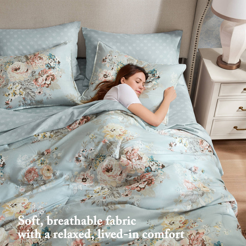 5-Piece Twin 5 Piece Vin -inspired Collection floral print,Soft Blue Media 6