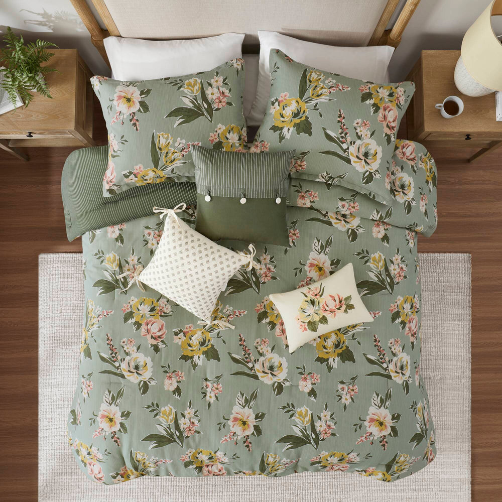 7-Piece King Vin  Floral Comforter Set, Green Media 25
