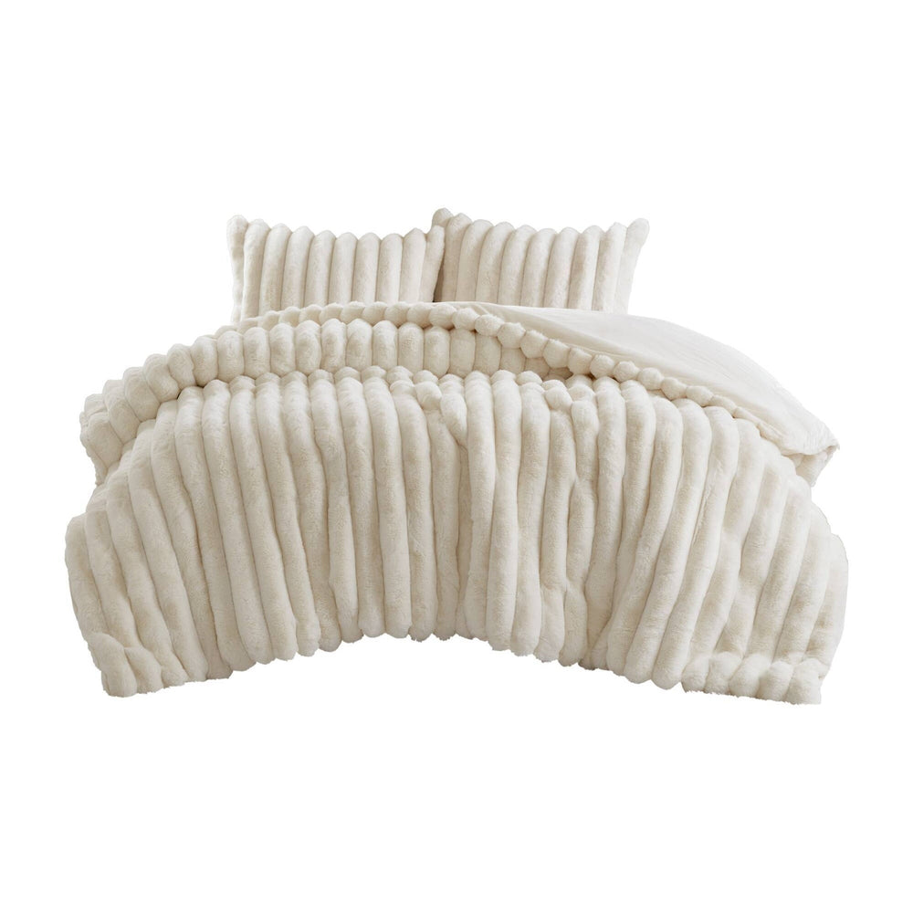 3-Piece Full/Queen  soft Faux Fur Ribbed Comforter Set,Ivory Media 8