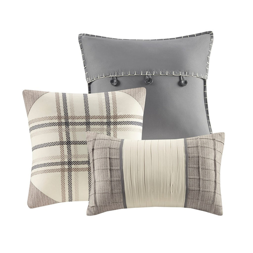 6 Piece Printed Herringbone Quilt Set with Throw Pillows Neutral Full/Queen Media 7