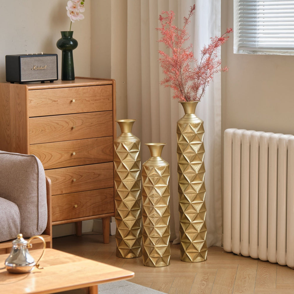 Metal Decorative Vase High Distress Metal Center Vase With 3D Triangle Pattern, Set Of 3 Vases for Home Decoration 33.5', 29.5', 25.2'High, Gold Media 2