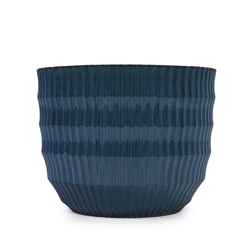 Handmade Denim Blue Glaze Ceramic Planter Set of 4, 7/9/12/14 Inch, Horizontal Grooves, Indoor & Outdoor Herb Succulent Pots, Breathable Clay with Drainage Holes