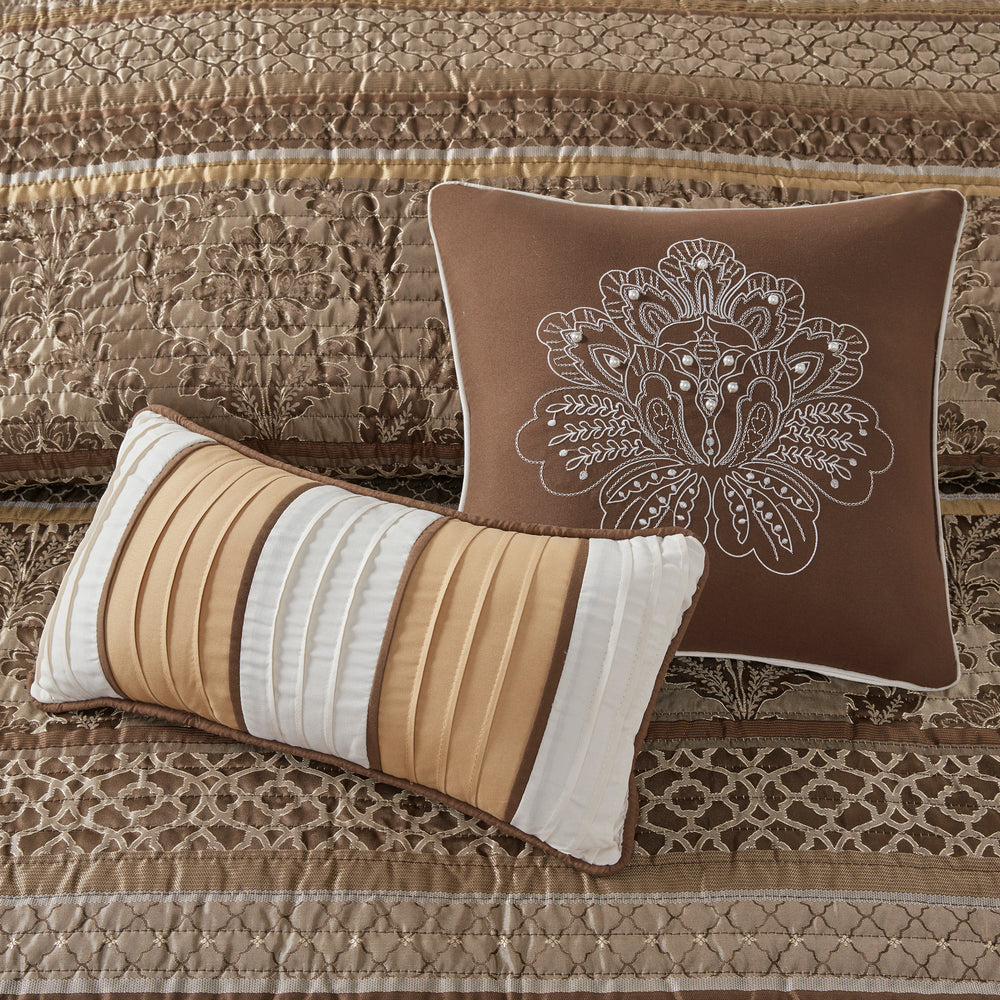 6 Piece Jacquard Quilt Set with Throw Pillows Brown/Gold Full/Queen Media 2