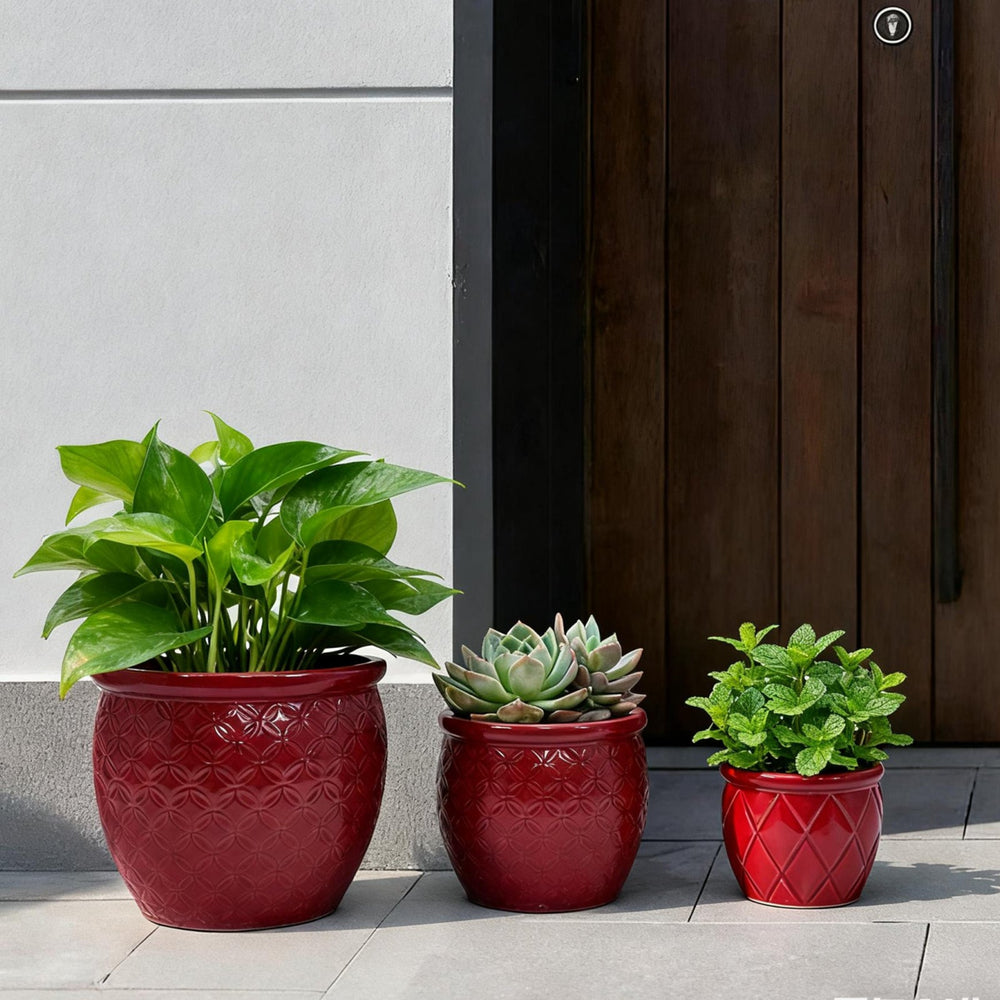 Handmade Ceramic Flower Pot Set of 3, 15/12/10 Inch Diameter, Deep Red with Floral Embossed Pattern, for Orchids Indoor/Outdoor Use on Windowsill & Bookshelf, Breathable Clay Media 3